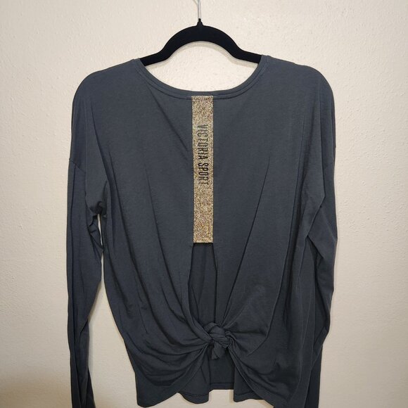 Victoria Sport Dark Gray Long-Sleeve Top Gold Brand Knotted Back Size Medium - Picture 3 of 9